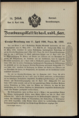 Verordnungsblatt für das Kaiserlich-Königliche Heer 18960415 Seite: 1