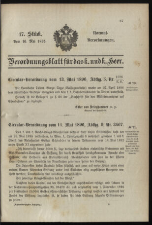 Verordnungsblatt für das Kaiserlich-Königliche Heer 18960516 Seite: 1