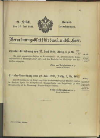 Verordnungsblatt für das Kaiserlich-Königliche Heer 18960627 Seite: 1