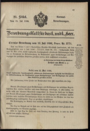 Verordnungsblatt für das Kaiserlich-Königliche Heer 18960718 Seite: 1