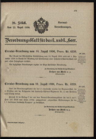 Verordnungsblatt für das Kaiserlich-Königliche Heer 18960822 Seite: 1