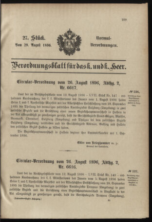 Verordnungsblatt für das Kaiserlich-Königliche Heer 18960829 Seite: 1