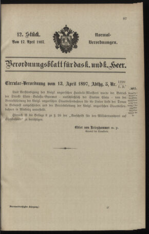 Verordnungsblatt für das Kaiserlich-Königliche Heer 18970417 Seite: 1