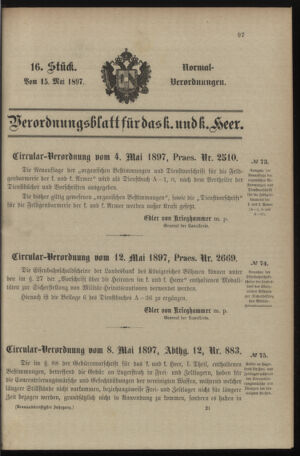 Verordnungsblatt für das Kaiserlich-Königliche Heer 18970515 Seite: 1