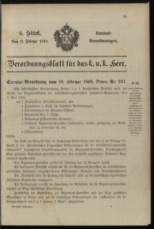 Verordnungsblatt für das Kaiserlich-Königliche Heer 18980217 Seite: 1