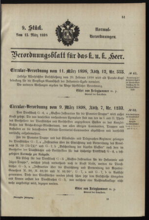 Verordnungsblatt für das Kaiserlich-Königliche Heer 18980315 Seite: 1