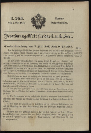 Verordnungsblatt für das Kaiserlich-Königliche Heer 18980507 Seite: 1