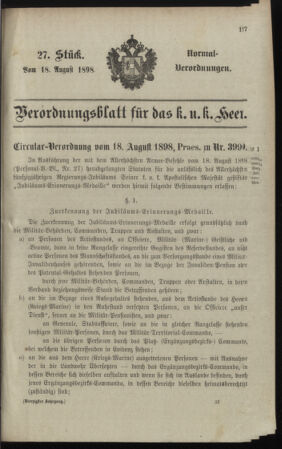 Verordnungsblatt für das Kaiserlich-Königliche Heer 18980818 Seite: 1