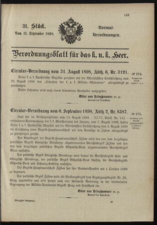 Verordnungsblatt für das Kaiserlich-Königliche Heer 18980917 Seite: 1