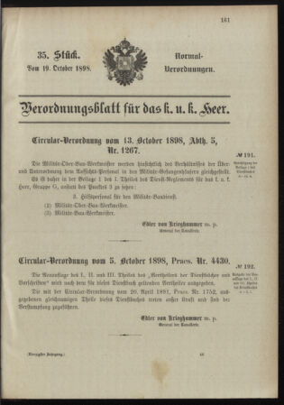 Verordnungsblatt für das Kaiserlich-Königliche Heer 18981019 Seite: 1