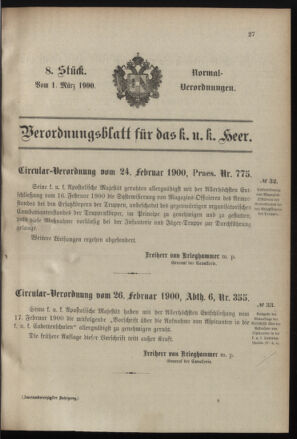 Verordnungsblatt für das Kaiserlich-Königliche Heer 19000301 Seite: 1