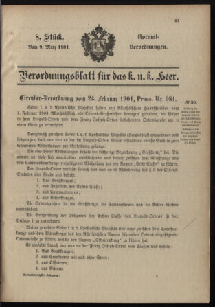 Verordnungsblatt für das Kaiserlich-Königliche Heer 19010309 Seite: 1