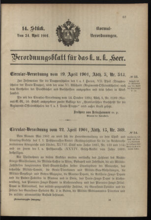 Verordnungsblatt für das Kaiserlich-Königliche Heer 19010424 Seite: 1