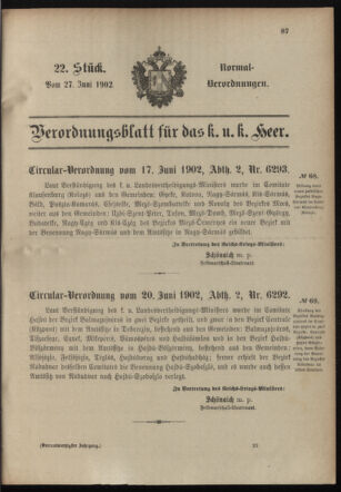 Verordnungsblatt für das Kaiserlich-Königliche Heer 19020627 Seite: 1