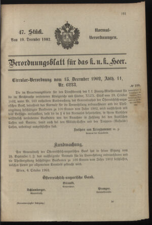 Verordnungsblatt für das Kaiserlich-Königliche Heer 19021219 Seite: 1