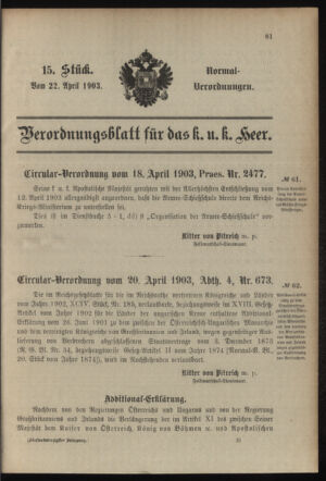 Verordnungsblatt für das Kaiserlich-Königliche Heer 19030422 Seite: 1