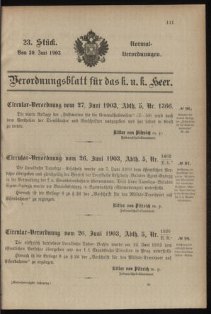 Verordnungsblatt für das Kaiserlich-Königliche Heer 19030630 Seite: 1