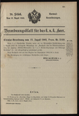 Verordnungsblatt für das Kaiserlich-Königliche Heer 19030819 Seite: 1