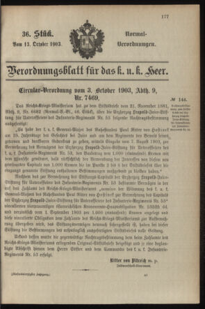 Verordnungsblatt für das Kaiserlich-Königliche Heer 19031013 Seite: 1