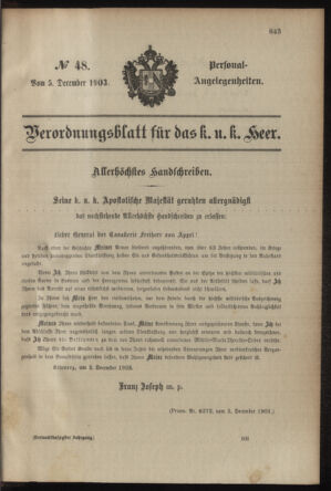 Verordnungsblatt für das Kaiserlich-Königliche Heer 19031205 Seite: 1