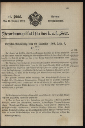 Verordnungsblatt für das Kaiserlich-Königliche Heer 19031217 Seite: 1