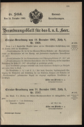 Verordnungsblatt für das Kaiserlich-Königliche Heer 19031224 Seite: 1