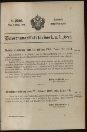 Verordnungsblatt für das Kaiserlich-Königliche Heer 19040305 Seite: 1