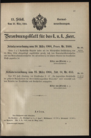 Verordnungsblatt für das Kaiserlich-Königliche Heer 19040331 Seite: 1