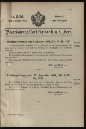 Verordnungsblatt für das Kaiserlich-Königliche Heer 19041008 Seite: 1