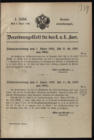 Verordnungsblatt für das Kaiserlich-Königliche Heer 19050107 Seite: 1