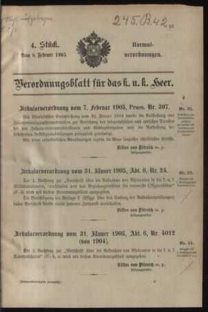 Verordnungsblatt für das Kaiserlich-Königliche Heer 19050208 Seite: 1