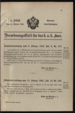 Verordnungsblatt für das Kaiserlich-Königliche Heer 19050218 Seite: 1