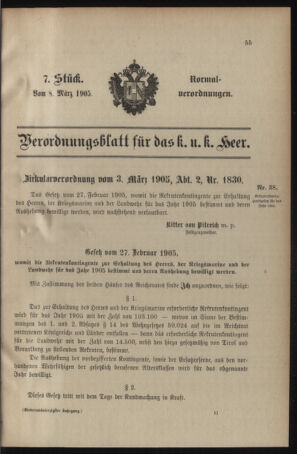 Verordnungsblatt für das Kaiserlich-Königliche Heer 19050308 Seite: 1