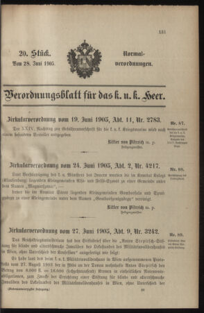 Verordnungsblatt für das Kaiserlich-Königliche Heer 19050628 Seite: 1