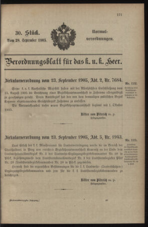 Verordnungsblatt für das Kaiserlich-Königliche Heer 19050928 Seite: 1