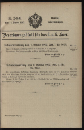 Verordnungsblatt für das Kaiserlich-Königliche Heer 19051014 Seite: 1