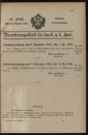 Verordnungsblatt für das Kaiserlich-Königliche Heer 19051118 Seite: 1