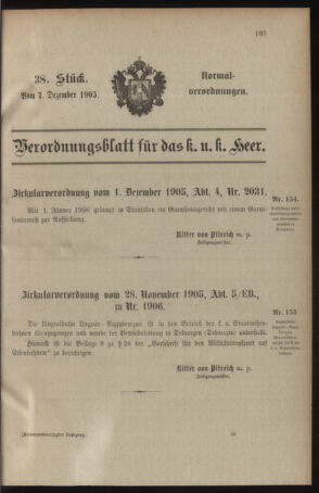 Verordnungsblatt für das Kaiserlich-Königliche Heer 19051207 Seite: 1