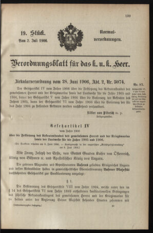 Verordnungsblatt für das Kaiserlich-Königliche Heer 19060702 Seite: 1