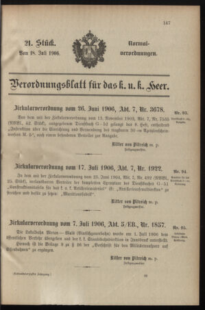 Verordnungsblatt für das Kaiserlich-Königliche Heer 19060718 Seite: 1