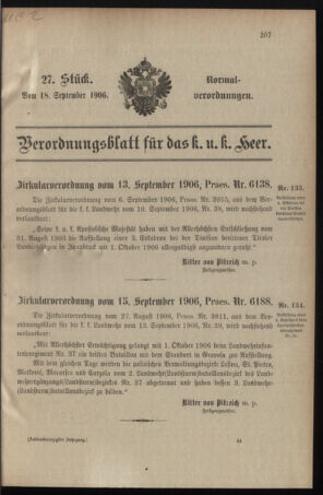 Verordnungsblatt für das Kaiserlich-Königliche Heer 19060918 Seite: 1