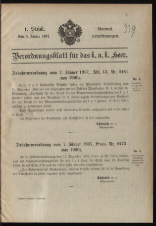 Verordnungsblatt für das Kaiserlich-Königliche Heer 19070108 Seite: 1