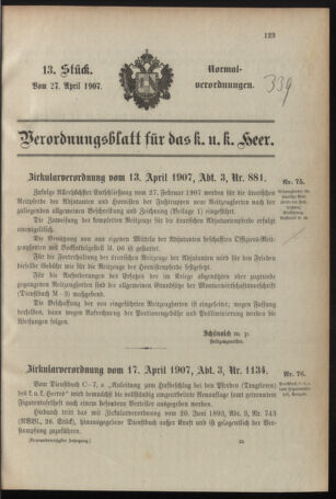 Verordnungsblatt für das Kaiserlich-Königliche Heer 19070427 Seite: 1