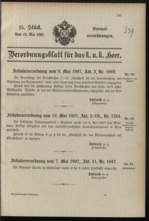 Verordnungsblatt für das Kaiserlich-Königliche Heer 19070518 Seite: 1