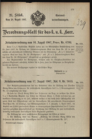 Verordnungsblatt für das Kaiserlich-Königliche Heer 19070828 Seite: 1