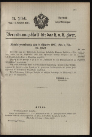 Verordnungsblatt für das Kaiserlich-Königliche Heer 19071018 Seite: 1