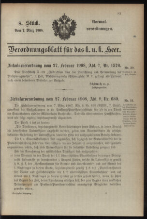 Verordnungsblatt für das Kaiserlich-Königliche Heer 19080307 Seite: 1