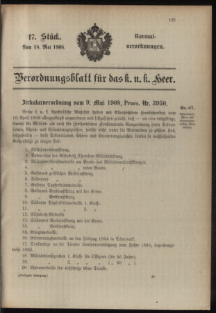 Verordnungsblatt für das Kaiserlich-Königliche Heer 19080518 Seite: 1