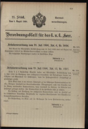 Verordnungsblatt für das Kaiserlich-Königliche Heer 19080808 Seite: 1