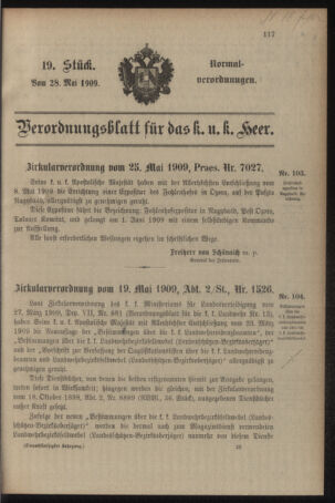 Verordnungsblatt für das Kaiserlich-Königliche Heer 19090528 Seite: 1